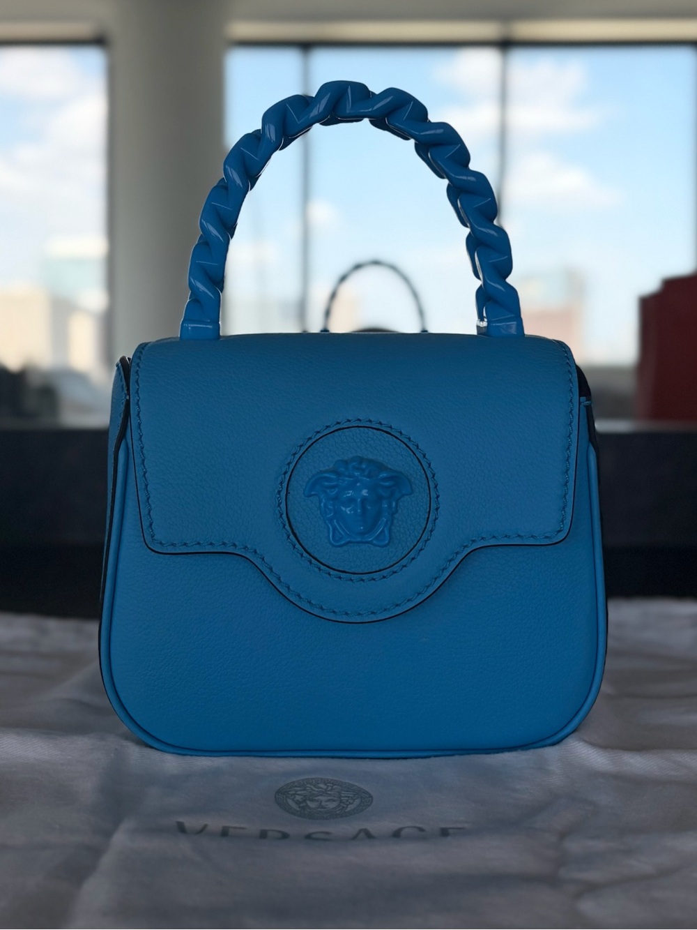 Versace Bright Blue Mini Top-Handle Leather Bag